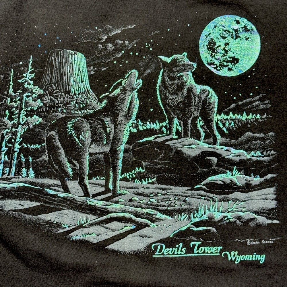 Vintage 90s Devils Tower Wyoming Wolf T Shirt Large Tultex Moon Souvenir Black